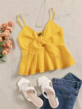 Топ тканый Shein WYWH с рюшами по низу и узлом спереди, желтый
