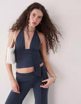 Топ-топ Motel prilla slinky wrap coord с отделкой на шее в цвете ocean storm blue