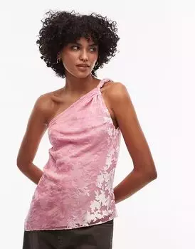 Топ Topshop без рукавов с закручиванием на одно плечо из розового бархата Burnout