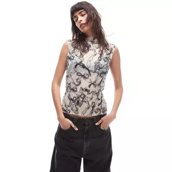 Топ Topshop Crinkle Sleeveless With Bow Pattern, черный/белый