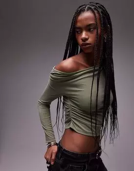 Топ Topshop Cupro с длинными рукавами и сборками по бокам, зеленый