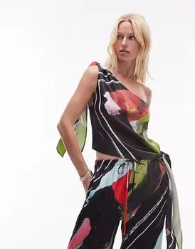 Топ Topshop из атласа на одно плечо с завязками сбоку и принтом в виде шарфа