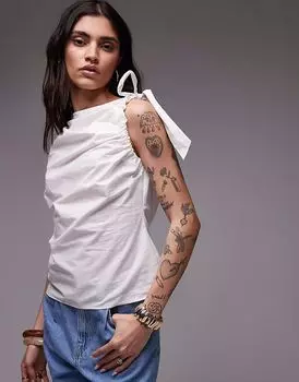 Топ Topshop из поплина с оборками на плечах без рукавов цвета слоновой кости