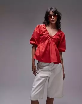 Топ Topshop из поплина с рукавами-фонариками красного цвета