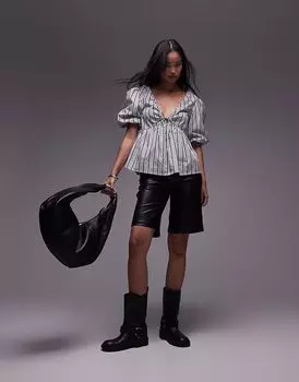 Топ Topshop из поплина с рукавами-фонариками в монополоску