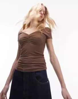 Топ Topshop нейтрального цвета со сборками спереди и короткими рукавами