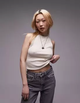 Топ Topshop Petite Ribbed With Fitted Cut, бежево-серый