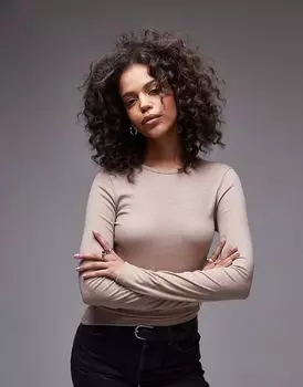 Топ Topshop премиум-класса с длинными рукавами в рубчик цвета овсяной меланжи