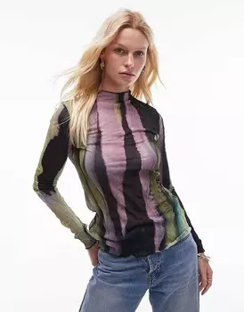 Топ Topshop – с длинными рукавами, разноцветным мраморным принтом и жатой текстурой