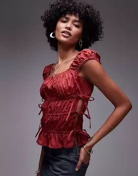 Топ Topshop с завязками сбоку, со сборками, ржавого цвета