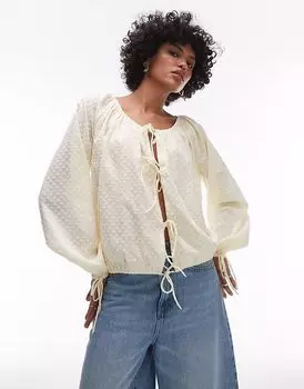 Топ Topshop с завязкой спереди и сборкой на шее цвета пахты