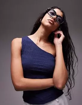 Топ Topshop с жатым лифом на одно плечо темно-синего цвета