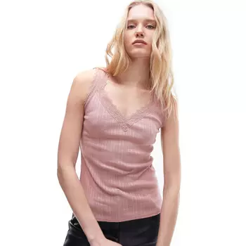 Топ Topshop V-neck Lace Pointelle Knit, бледно-розовый