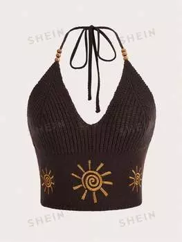 Топ трикотажный Romwe Hippie Sun с вышивкой через шею, шоколадный