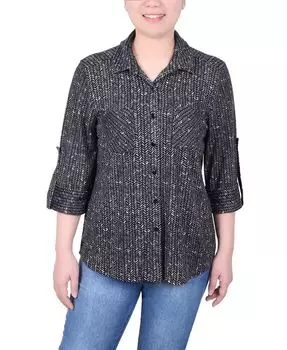 Топ-туника миниатюрного размера с длинными рукавами и пуговицами спереди NY Collection, цвет Gray Herring Bone