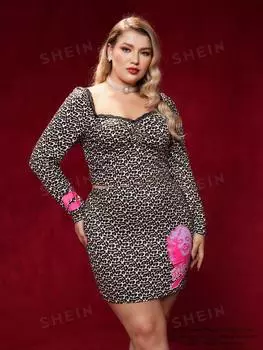 Топ укороченный и облегающая юбка Shein Plus с леопардовым принтом и кружевной отделкой, хаки