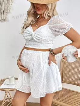 Топ укороченный и шорты Shein Swiss Dot Twist для беременных, белый