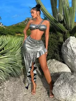 Топ укороченный и юбка Shein SXY с 3D цветочным принтом, черный