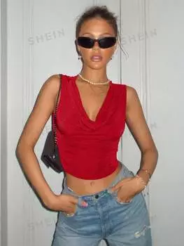 Топ укороченный плиссированный Shein Icon на бретельках с V-образным вырезом, красный