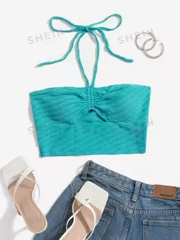 Топ укороченный плиссированный Shein WYWH с бретелькой, мятный / синий