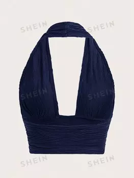 Топ укороченный Shein Icon Y2k с открытой спиной и лямкой, темно-синий
