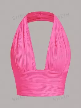 Топ укороченный Shein Icon Y2k с открытой спиной и лямкой на бретельках, ярко-розовый