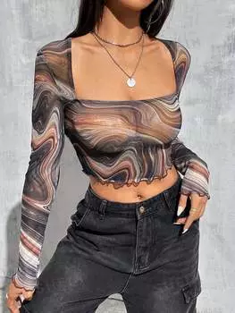 Топ укороченный женский Shein Ezwear с мраморным принтом, коричневый