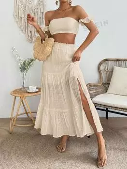 Топ укороченный женский Shein Vcay и юбка-миди с разрезом по подолу, абрикосовый