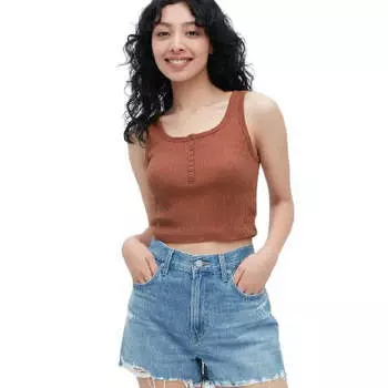 Топ Uniqlo Ribbed Henley Neck Cropped Vest, коричневый