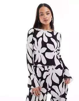 Топ Vero Moda с длинными рукавами и вырезом-лодочкой, плиссированный, с монохромным цветочным принтом