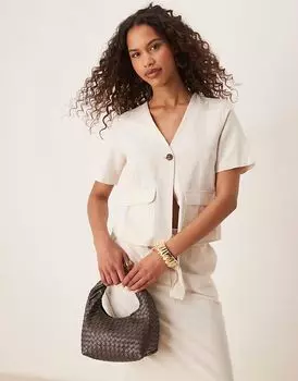 Топ Vila из льна с короткими рукавами и пуговицами спереди в цвете кремовый меланж