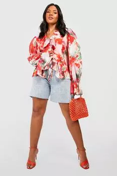 Топ в бохо с цветочными рюшами и завязкой передней части Boohoo, красный