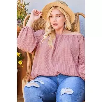 Топ в клетку с открытыми плечами и длинными рукавами-фонариками FASHNZFAB, цвет brick