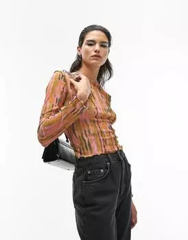 Топ в клетку Topshop с длинными рукавами и принтом со швами