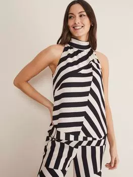 Топ в полоску Phase Eight Lana с воротником халтер, черный/телесный