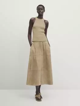 Топ в рубчик с бретельками на шее Massimo Dutti, бежевый