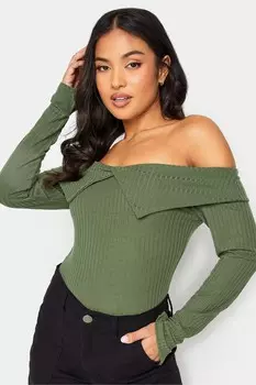 Топ в рубчик с декоративным отворотом Pixiegirl Petite, зеленый