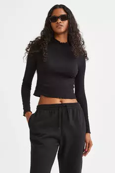 Топ в рубчик с длинными рукавами H&M, черный