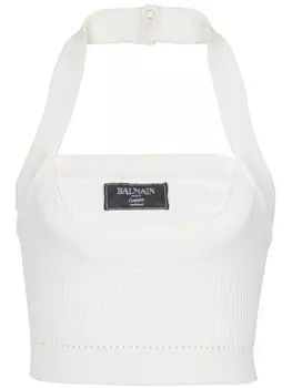 Топ в рубчик с вырезом халтер Balmain, белый