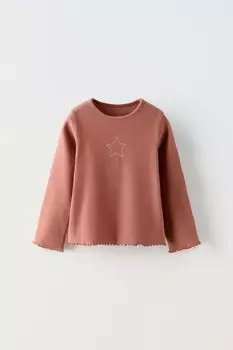Топ в рубчик с вышивкой ZARA, рыжевато-коричневый