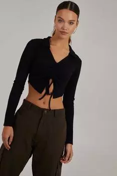 Топ в рубчик со сборками и длинными рукавами Pink Vanilla, черный