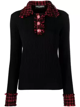 Топ в рубчик со вставками из твида Dolce & Gabbana, черный