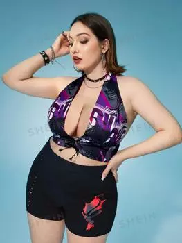 Топ Warner Bros 100 Years X Shein Plus с лямкой на шнуровке, черный / фиолетовый