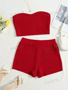 Топ вязаный женский и шорты Shein WYWH в байкерском стиле, красный