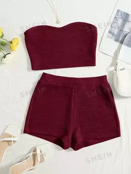 Топ вязаный женский и шорты Shein WYWH в байкерском стиле, бордовый