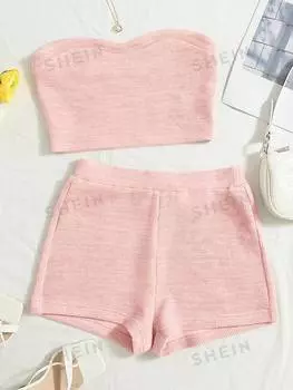 Топ вязаный женский и шорты Shein WYWH в байкерском стиле, розовый