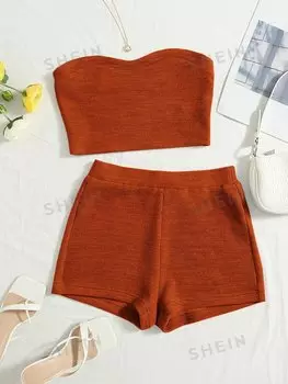 Топ вязаный женский и шорты Shein WYWH в байкерском стиле, коричневый