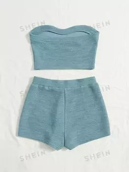 Топ вязаный женский и шорты Shein WYWH в байкерском стиле, синий