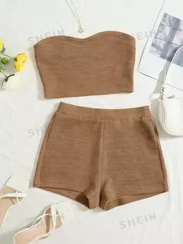 Топ вязаный женский и шорты Shein WYWH в байкерском стиле, кофейный