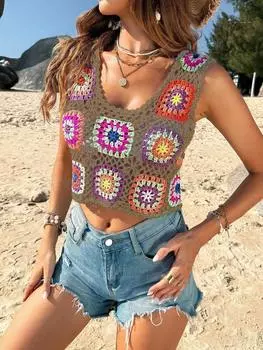 Топ вязаный женский Shein Vcay с цветочным узором, хаки